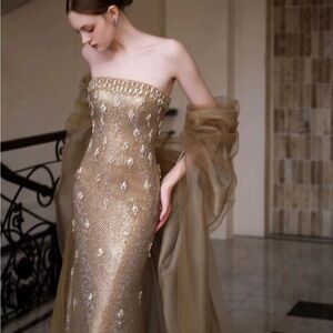 Elegant Gold Strapless Evening Gown